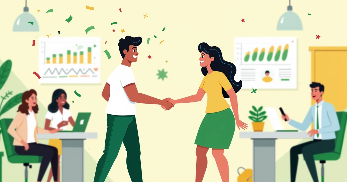 Pós-venda com cliente satisfeito e equipe celebrando 