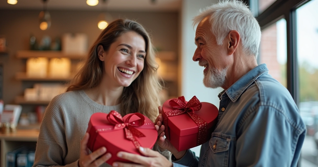 Clientes segurando presente em formato de coração, sorrindo 