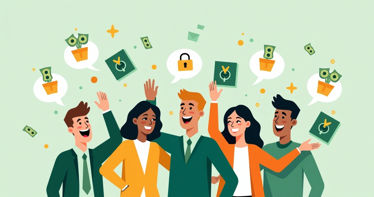 Clientes felizes comemorando saque rápido com ícones digitais ao redor 