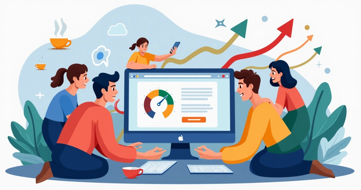 Clientes satisfeitos usando site rápido em dispositivos diferentes 