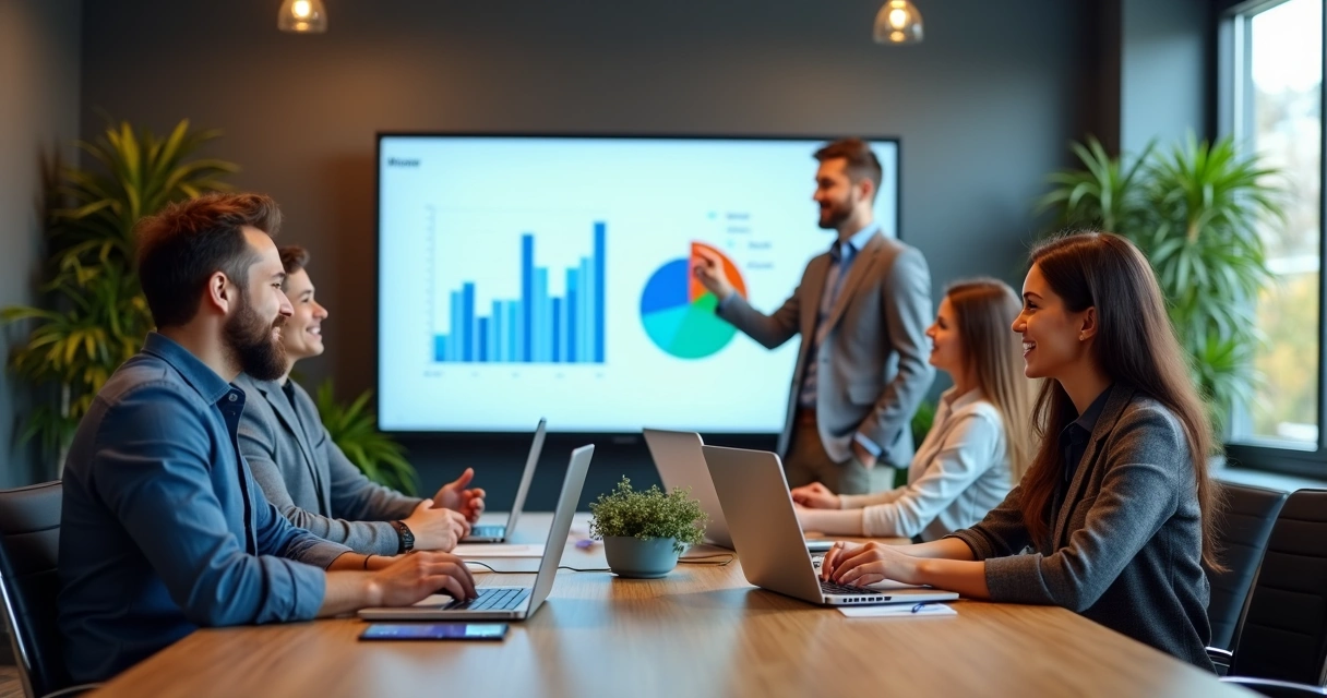 Reunião com clientes felizes discutindo campanha de tráfego pago 