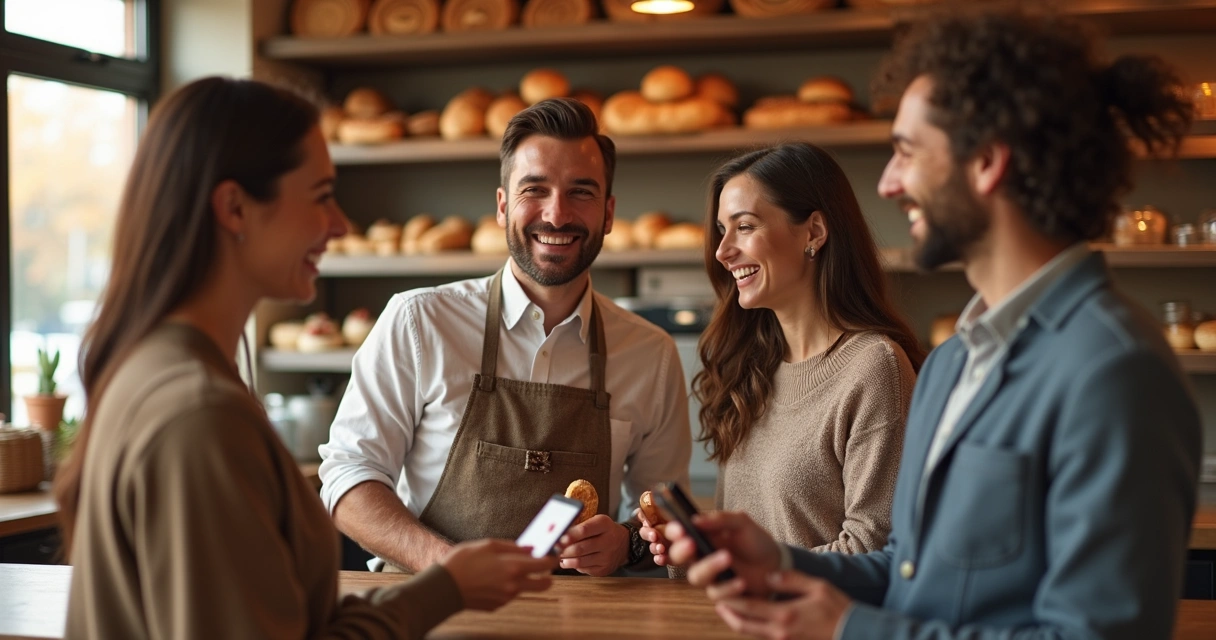 Clientes felizes recebendo recompensa do cartão fidelidade 