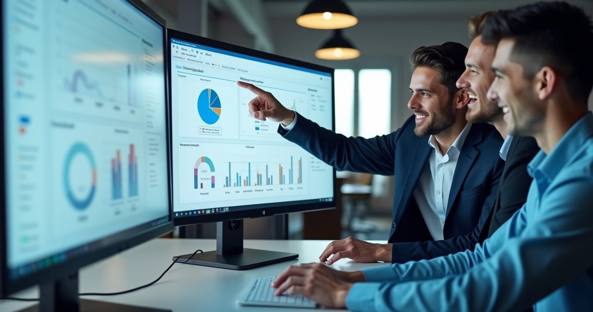 Equipe usando interface SaaS motivada e feliz 