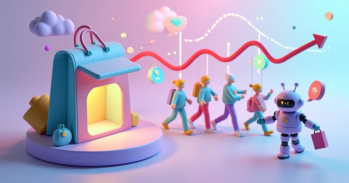 Cliente fiel caminhando para fora de uma loja virtual enquanto chatbot tenta entregar cupom de cashback 