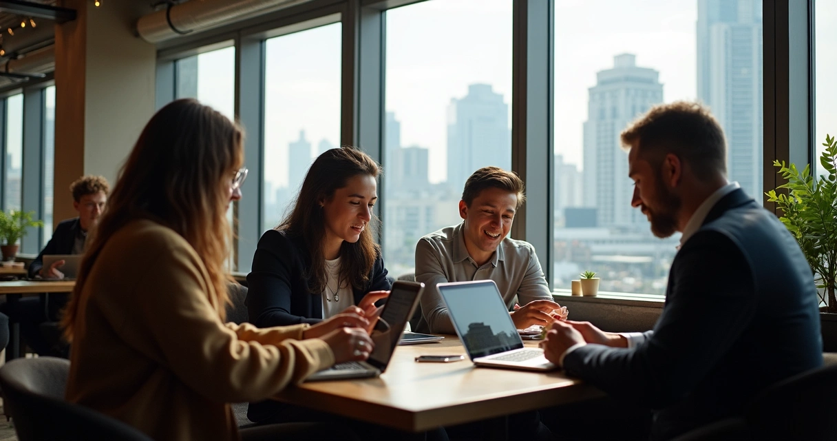Pessoas com smartphones e notebooks em um café moderno, navegando na internet e sorrindo 