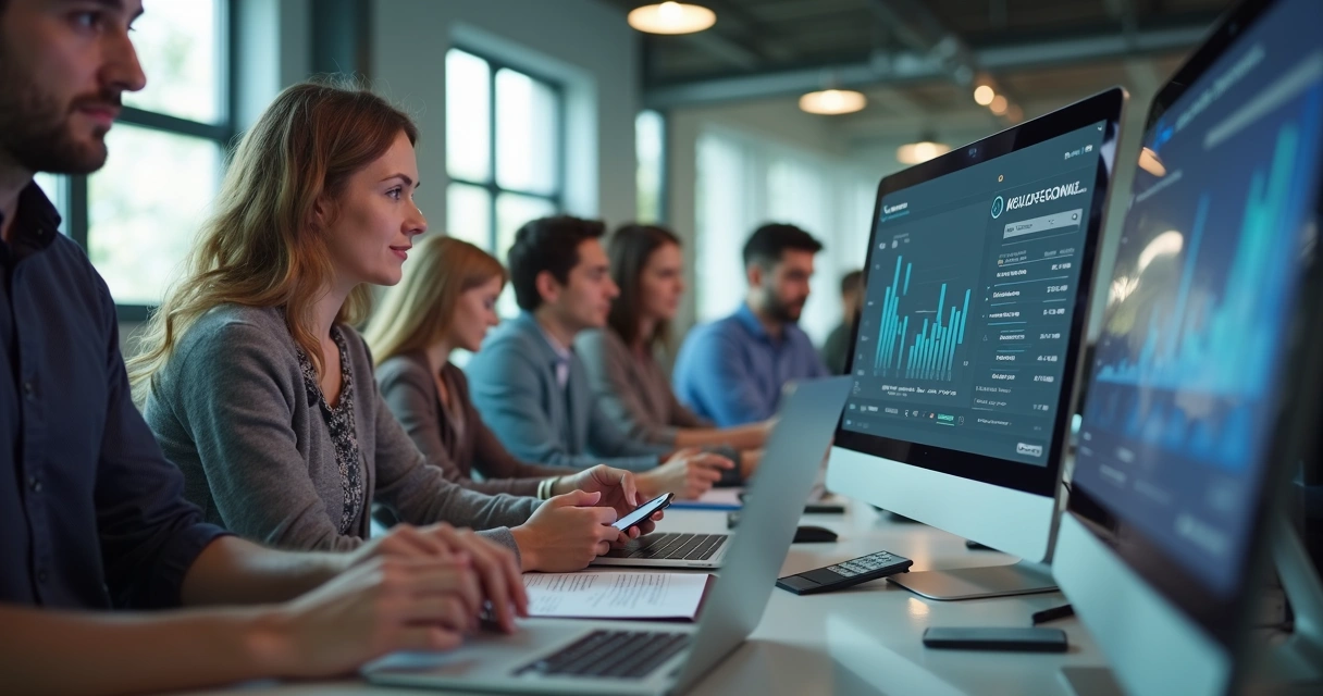 Grupo de clientes conectando contas bancárias digitalmente. 