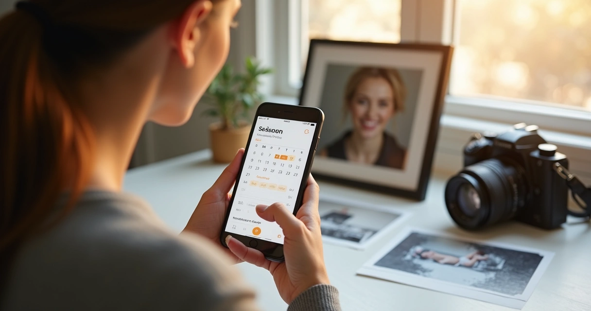 Cliente escolhendo data de sessão em smartphone, fotos ao fundo 