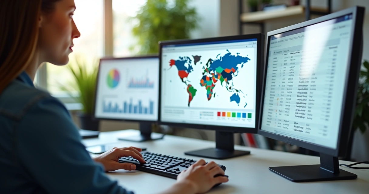 Pessoa analisando gráficos de tráfego em três monitores 