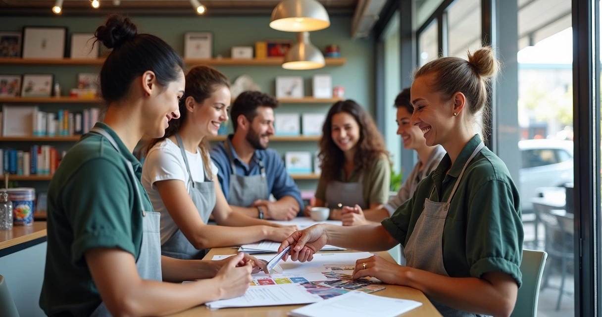 Clientes felizes recebendo materiais de gráfica rápida 