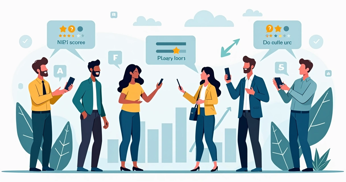 Ilustração corporativa mostrando clientes recomendando uma marca com ícones de avaliação NPS e gráficos de crescimento ao fundo 