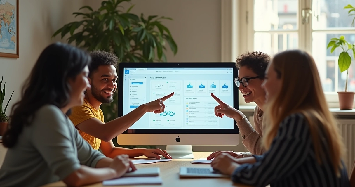 Clientes satisfeitos de SaaS reunidos apontando para um computador
