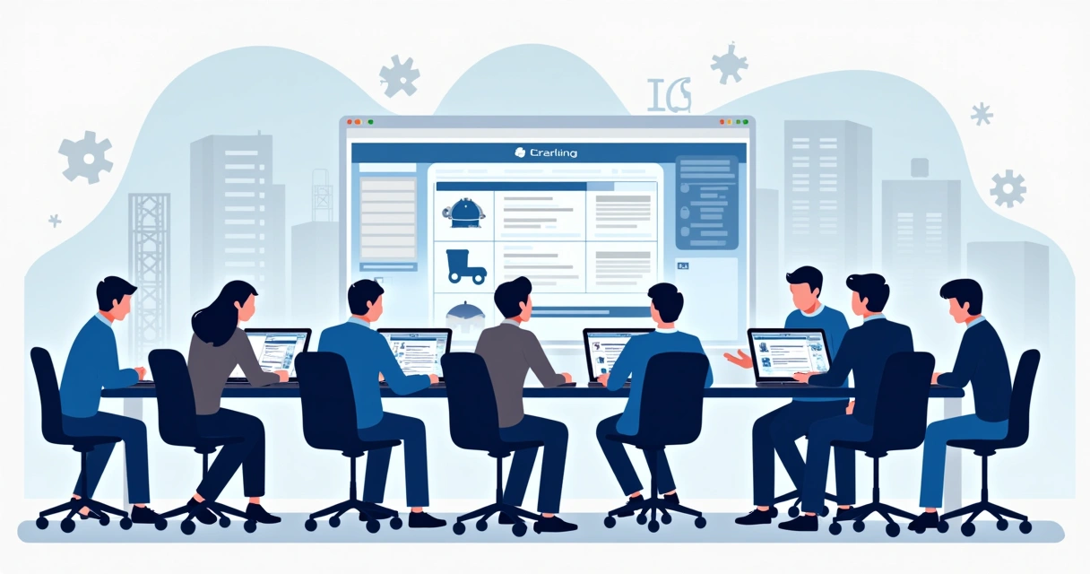 Grupo de compradores industriais utilizando computadores em mesa com catálogos B2B abertos 