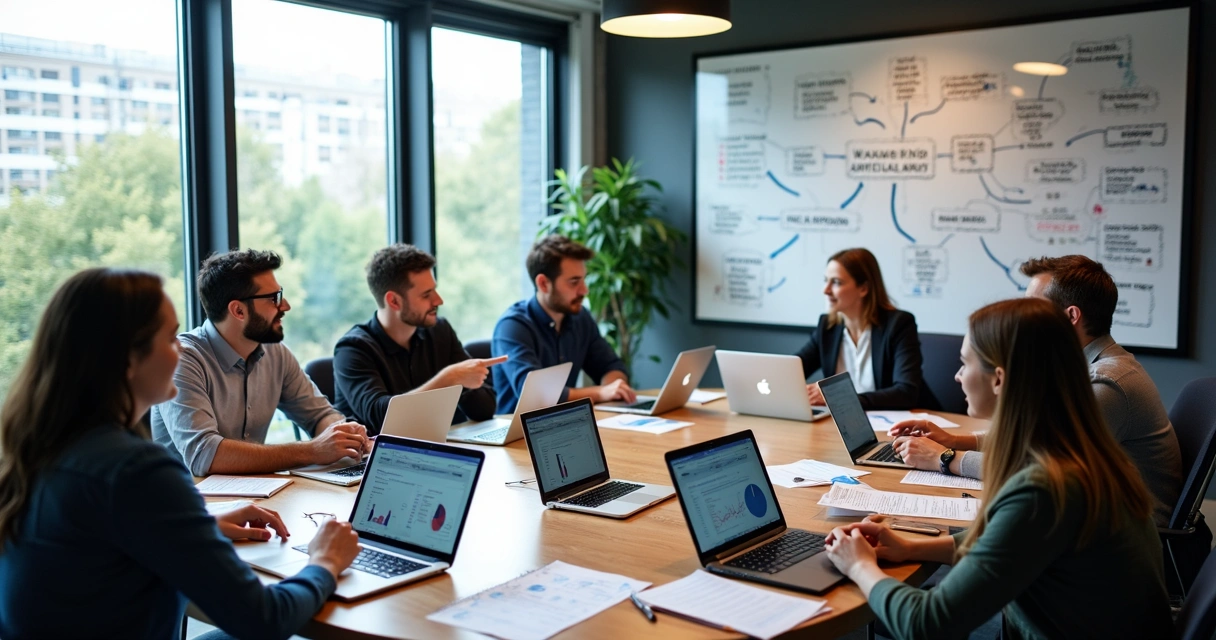 Equipe de marketing e vendas reunida ao redor de uma mesa analisando gráficos e discutindo integração de canais digitais e offline 