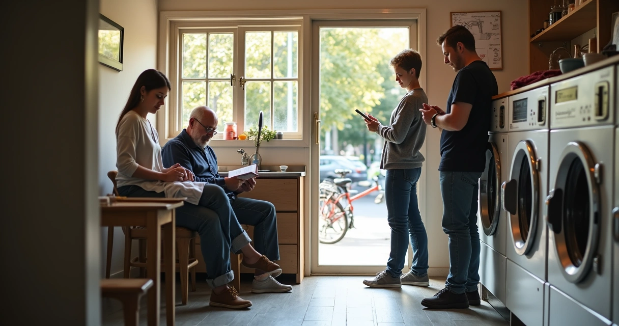 Clientes usando lavanderia self-service em cidade pequena 