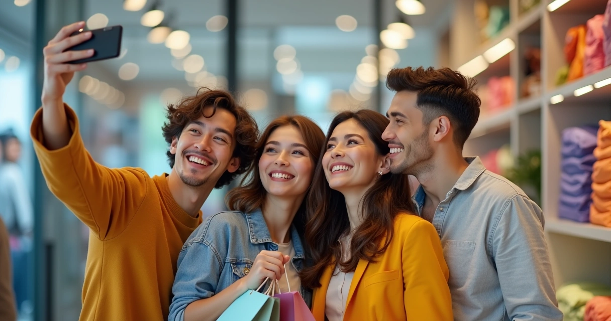 Grupo de clientes tirando foto dentro da loja