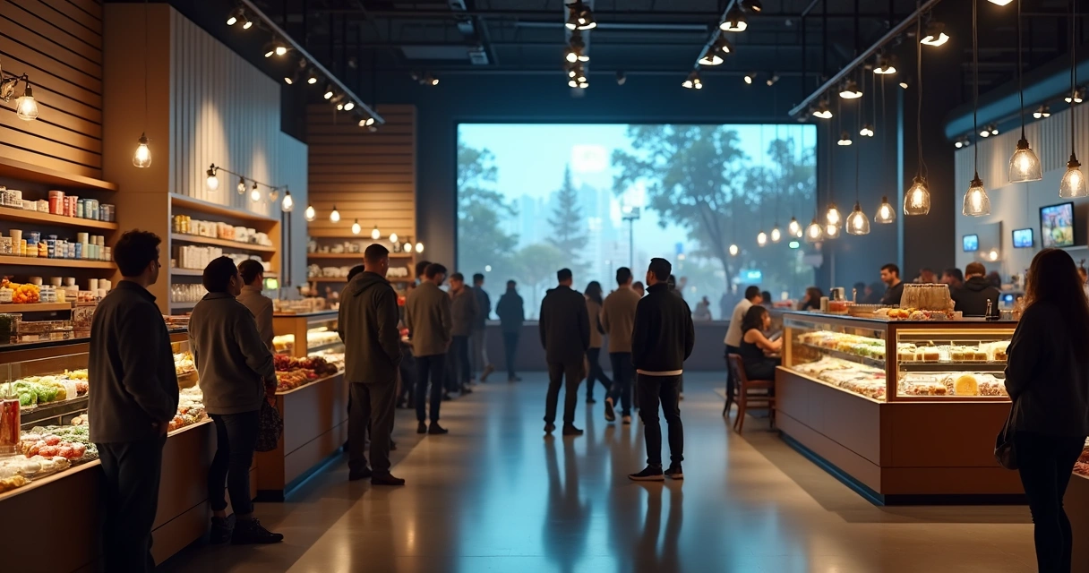 Clientes em fila observando tela de TV em loja 