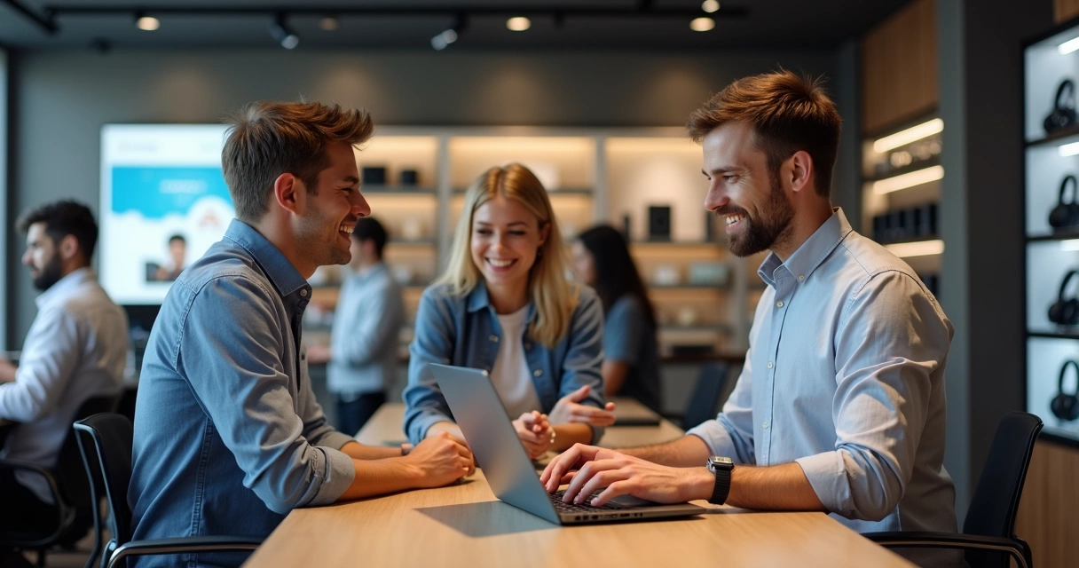 Clientes interagindo com vendedor em loja de informática