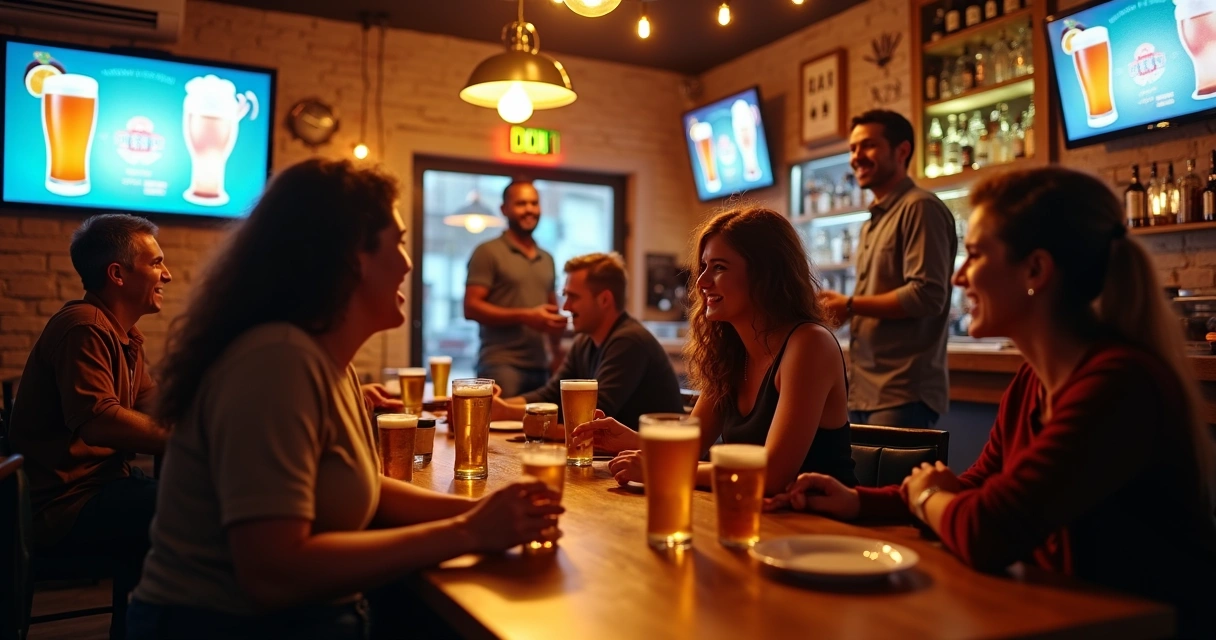 Clientes sentados em um bar descontraído, conversando em grupos 