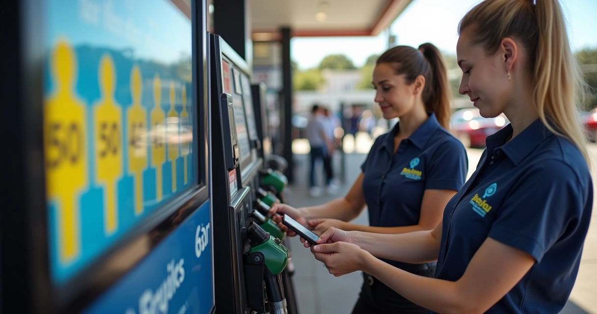 Clientes abastecendo e utilizando programa de fidelidade em um posto de gasolina 