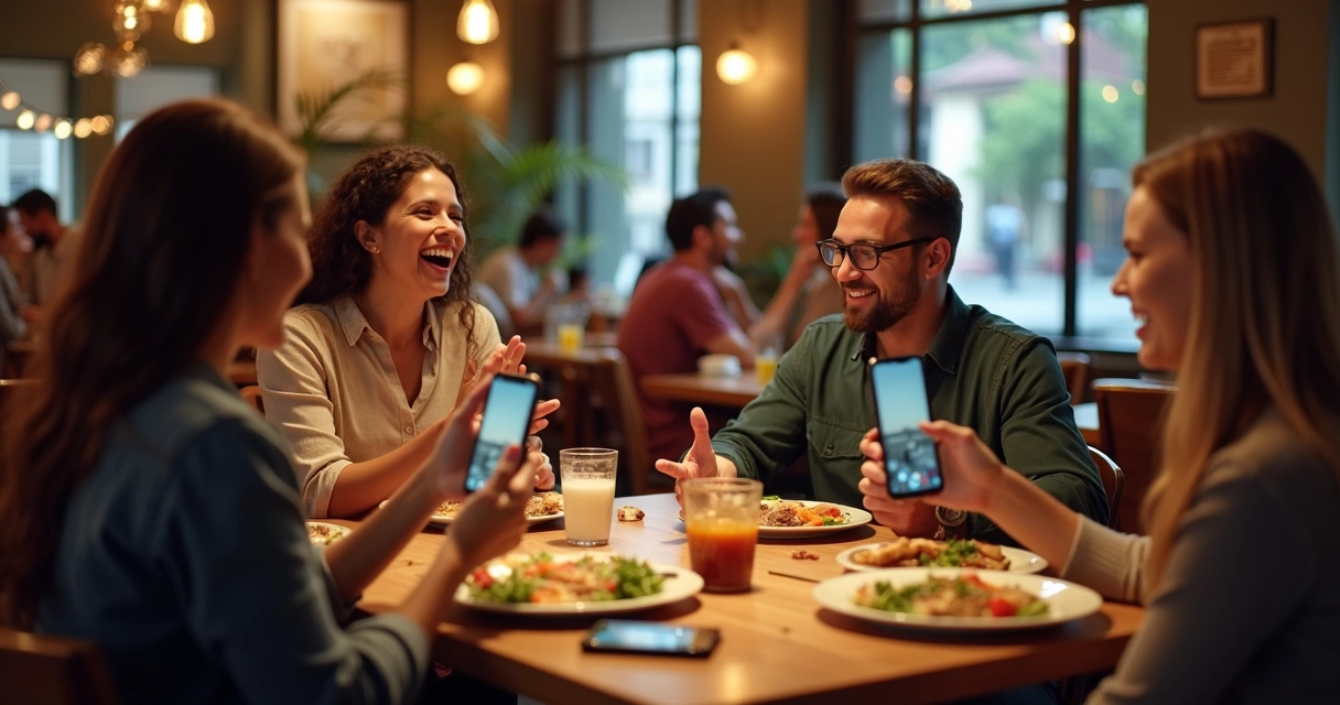 Clientes sentados em restaurante interagindo com smartphones 