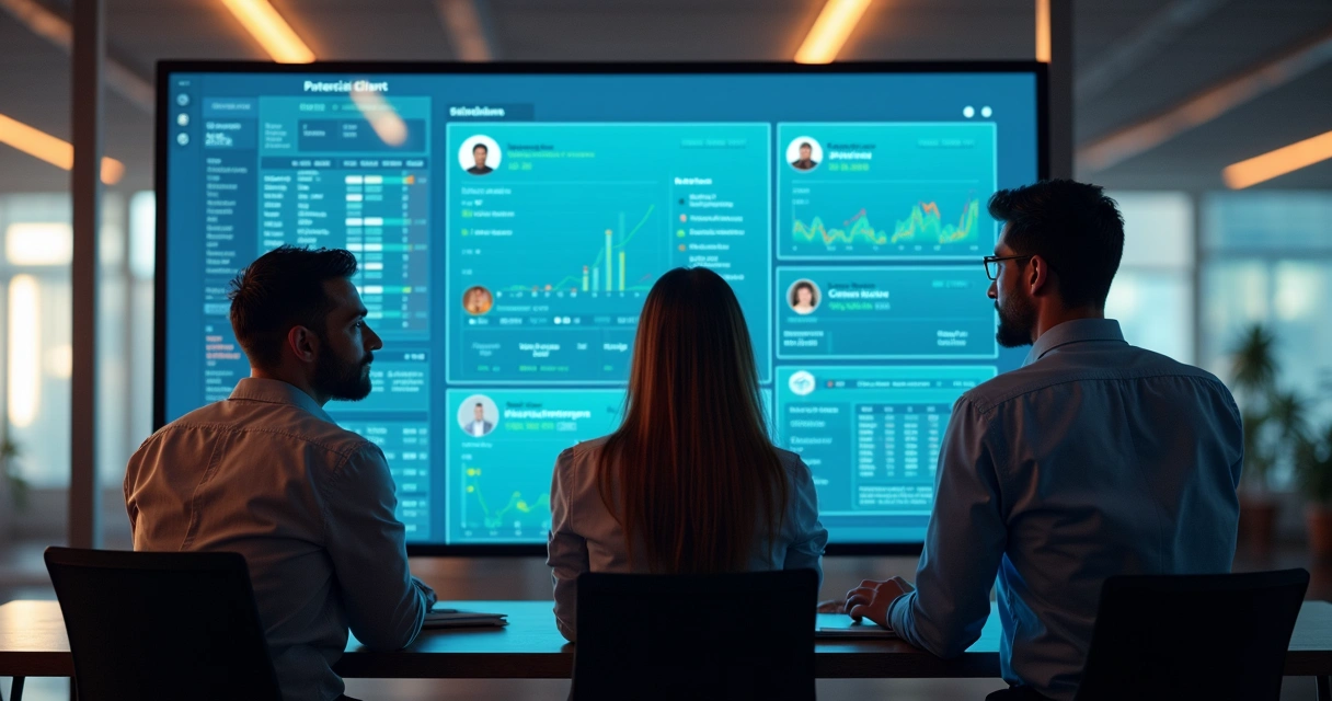 Equipe de vendas examinando perfis de leads em tela, incluindo dados demográficos 