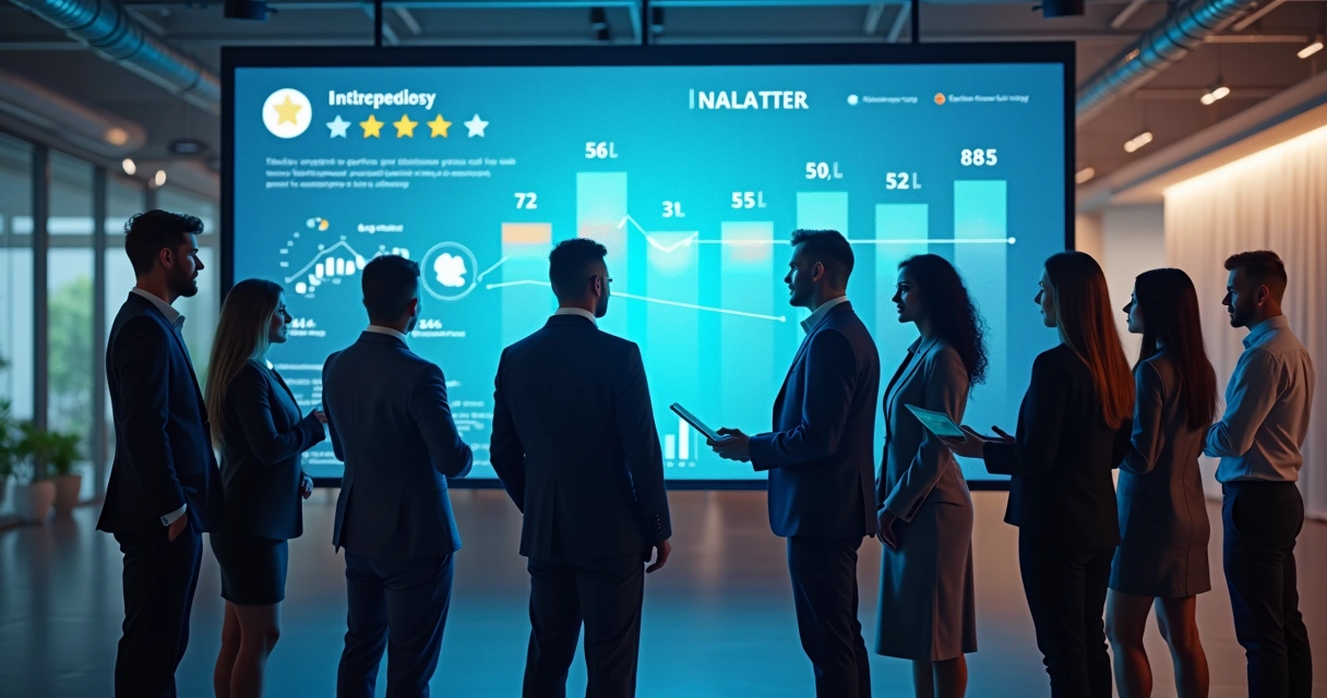 Grupo de pessoas reunidas à frente de um painel digital sorrindo por boas avaliações.