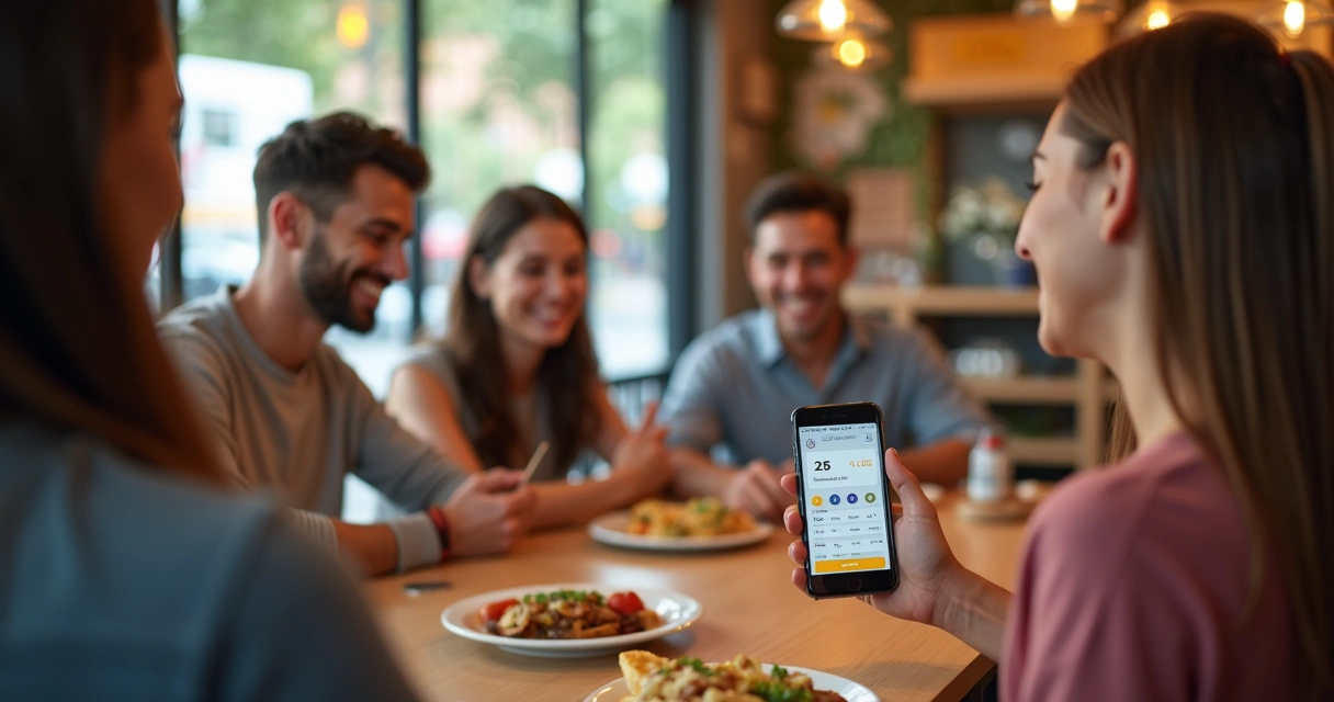 Clientes felizes usando programa de fidelidade digital no restaurante. 
