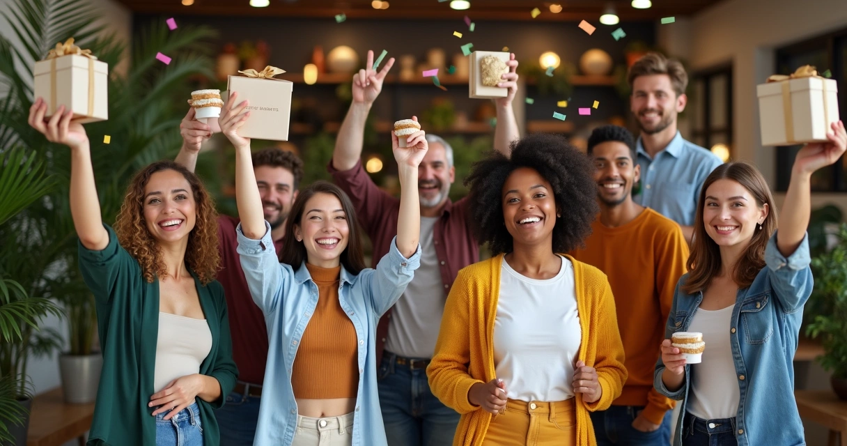 Pessoas felizes segurando brindes e comemorando marca 