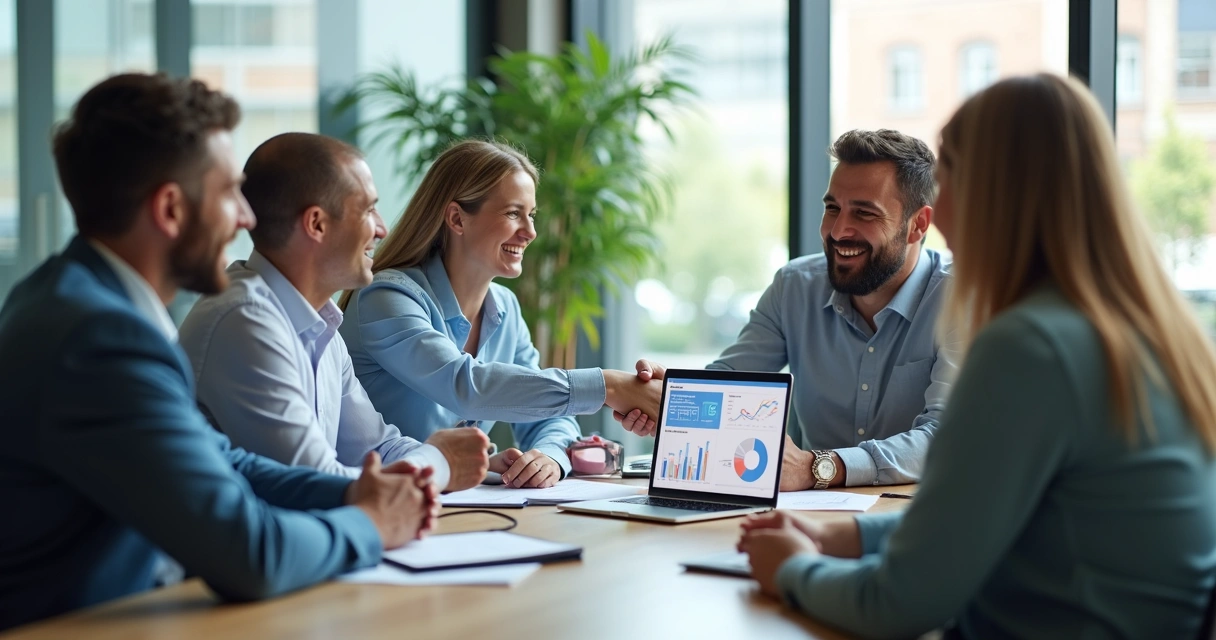 Clientes de agência digital interagindo positivamente em reunião B2B 