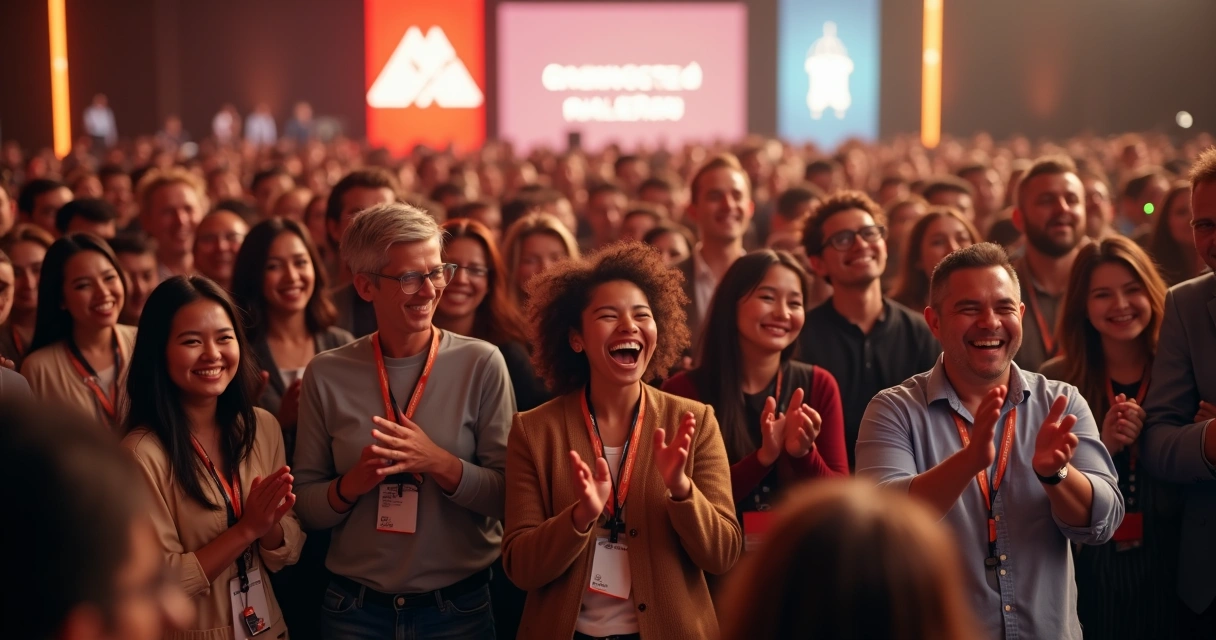 Clientes reunidos sorrindo e comemorando em evento corporativo 