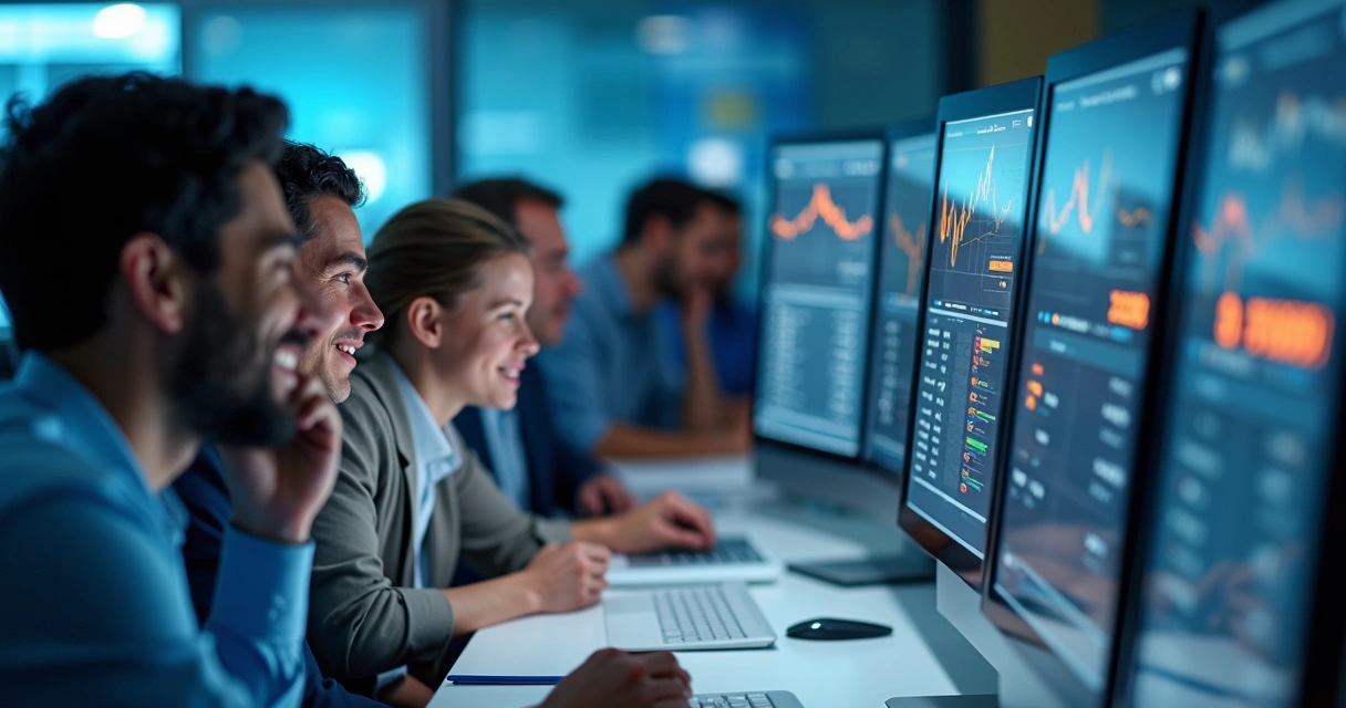 Grupo de pessoas observando diferentes preços em telas digitais