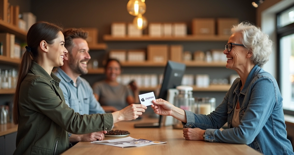 Clientes recebendo cartão de fidelidade em balcão de loja 