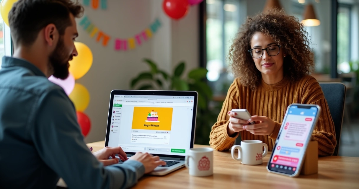 Clientes recebendo felicitações de aniversário e oferta personalizada ao mesmo tempo em diferentes dispositivos.