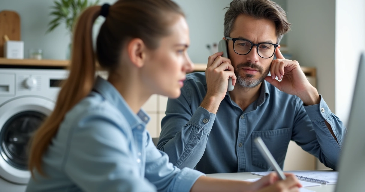 Duas pessoas conversando ao telefone relatando defeito em eletrodoméstico. 