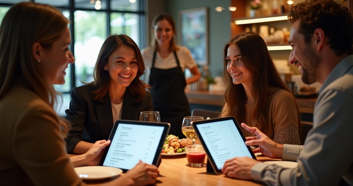Clientes sentados à mesa de restaurante consultando cardápio digital no tablet 