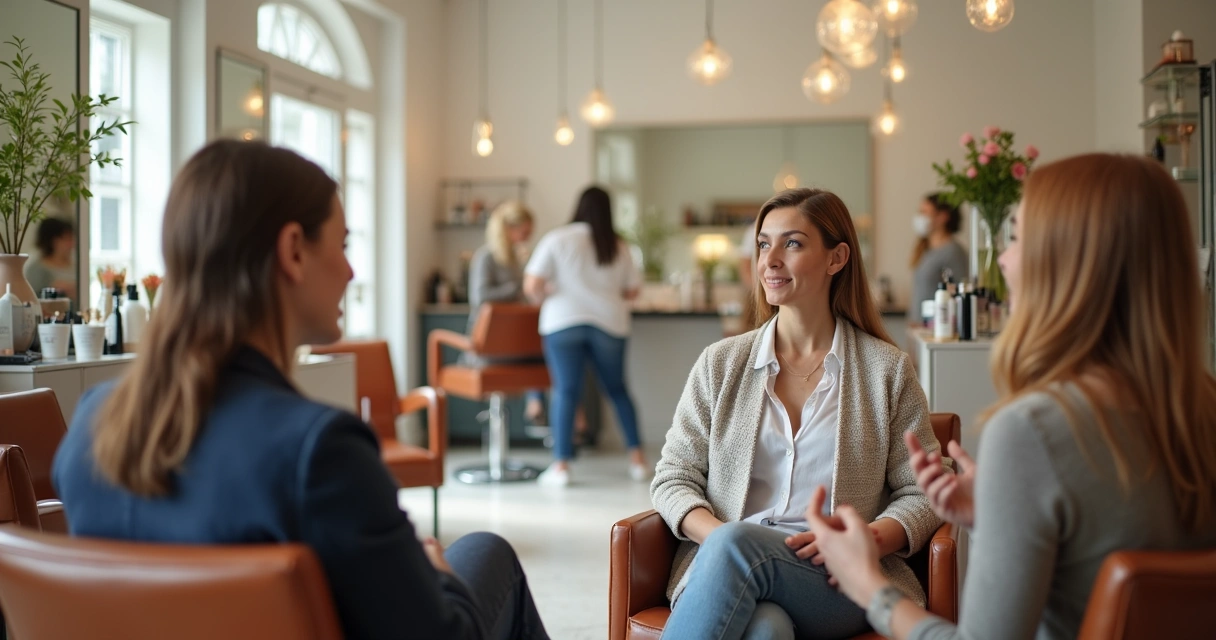 Grupo de pessoas conversando em um salão de beleza de ambiente moderno 
