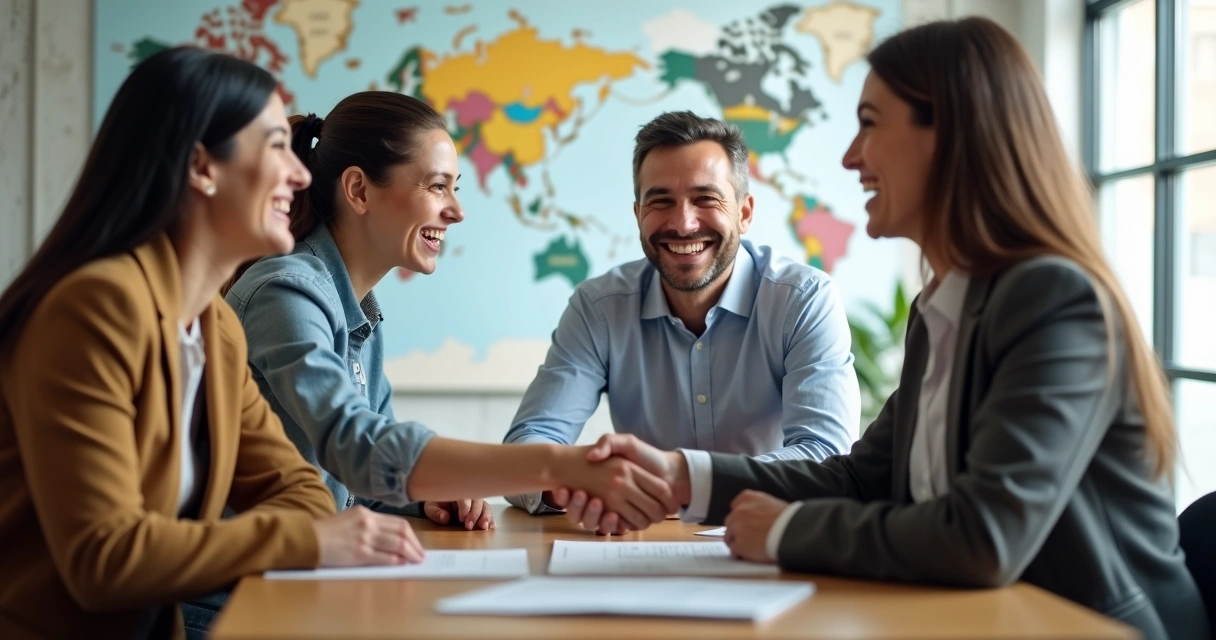 Grupo de clientes satisfeitos conversando com agente de viagens após resolver atrasos 