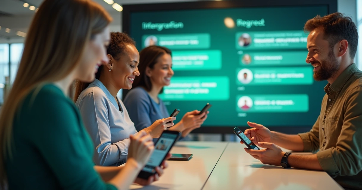 Clientes felizes após serem atendidos rapidamente por chatbot 