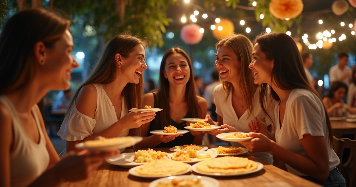 Grupo de clientes brasileiros sorrindo em evento servido por buffet de crepes 