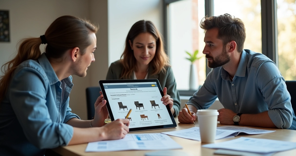 Clientes analisando catálogo digital de atacado em um tablet durante reunião 