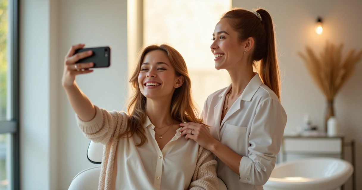 Cliente satisfeita sorrindo com profissional de beleza ao lado em espaço estético 