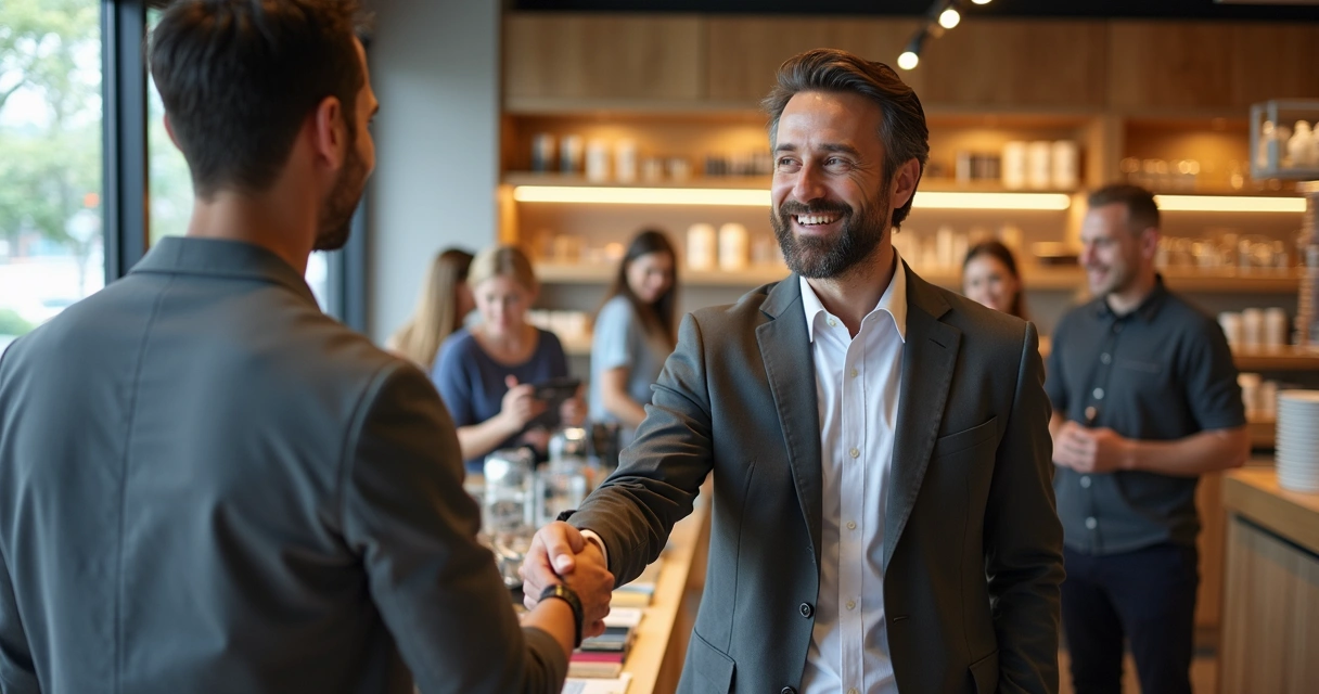Empresário apertando a mão de um cliente sorridente em uma loja moderna com ambiente iluminado, outros clientes ao fundo observando e sorrindo 