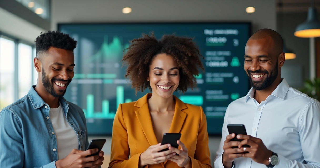 Clientes satisfeitos consultando notificações de pagamento no celular, ambiente de escritório moderno 