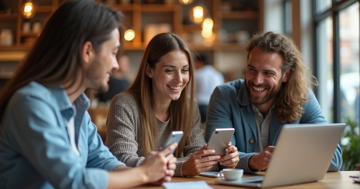 Grupo de pessoas felizes conversando, indicando serviços para amigos. 