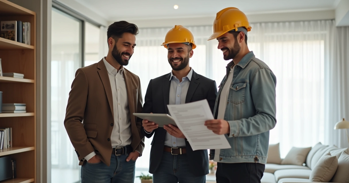 Clientes felizes recebendo explicações técnicas após obra concluída. 