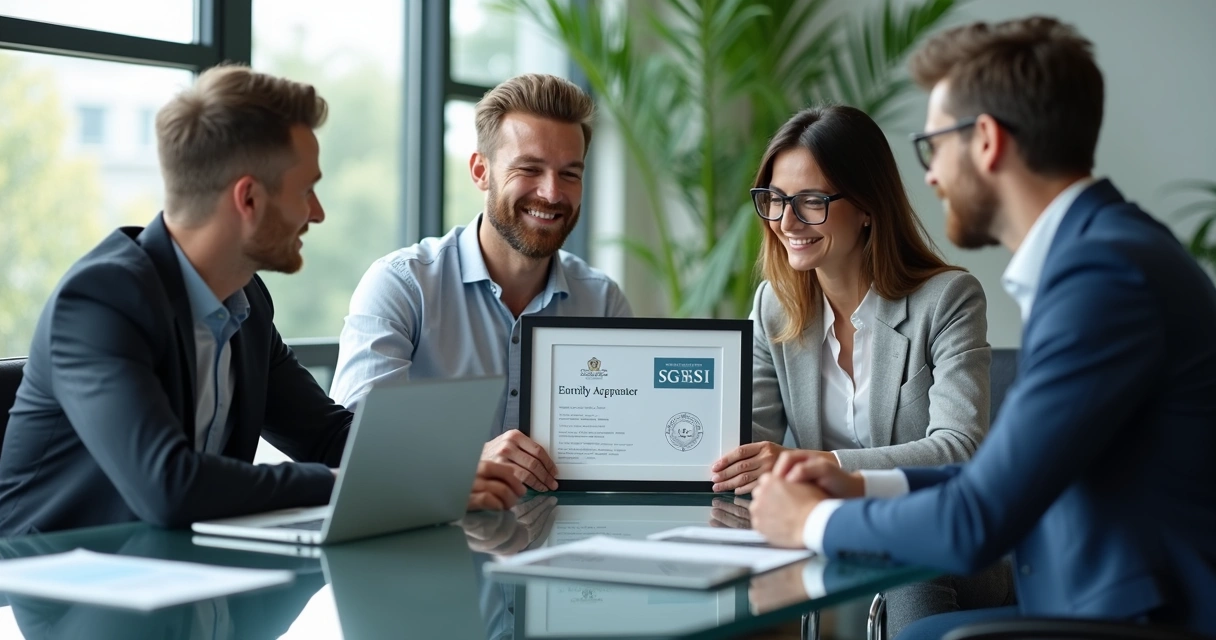 Clientes felizes em escritório com certificado de segurança