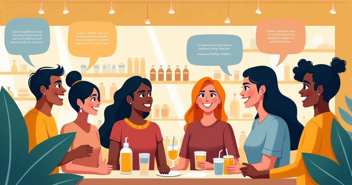 Grupo diverso de clientes interagindo com atendente em loja moderna, expressando feedback e sugestões.