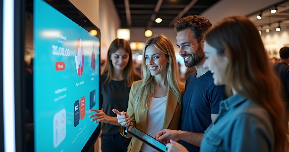 Clientes conferindo ofertas em tablet após feedback 
