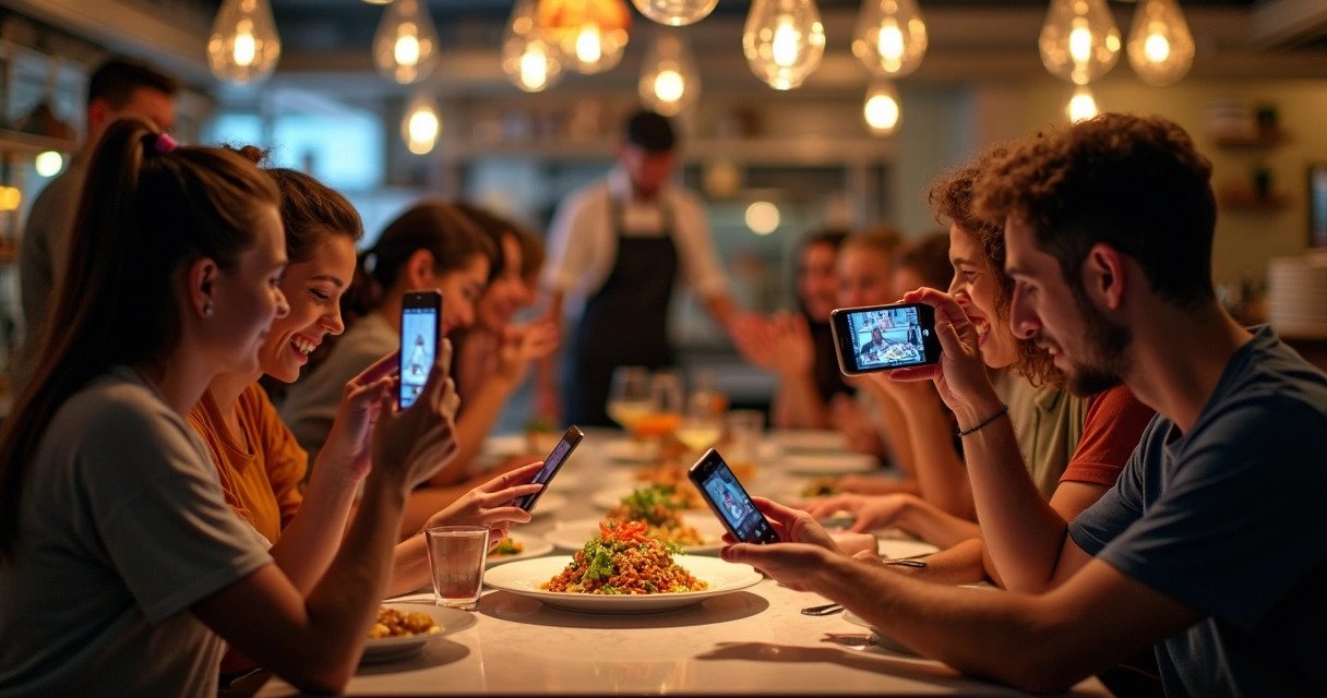 Clientes tirando foto de prato no restaurante 
