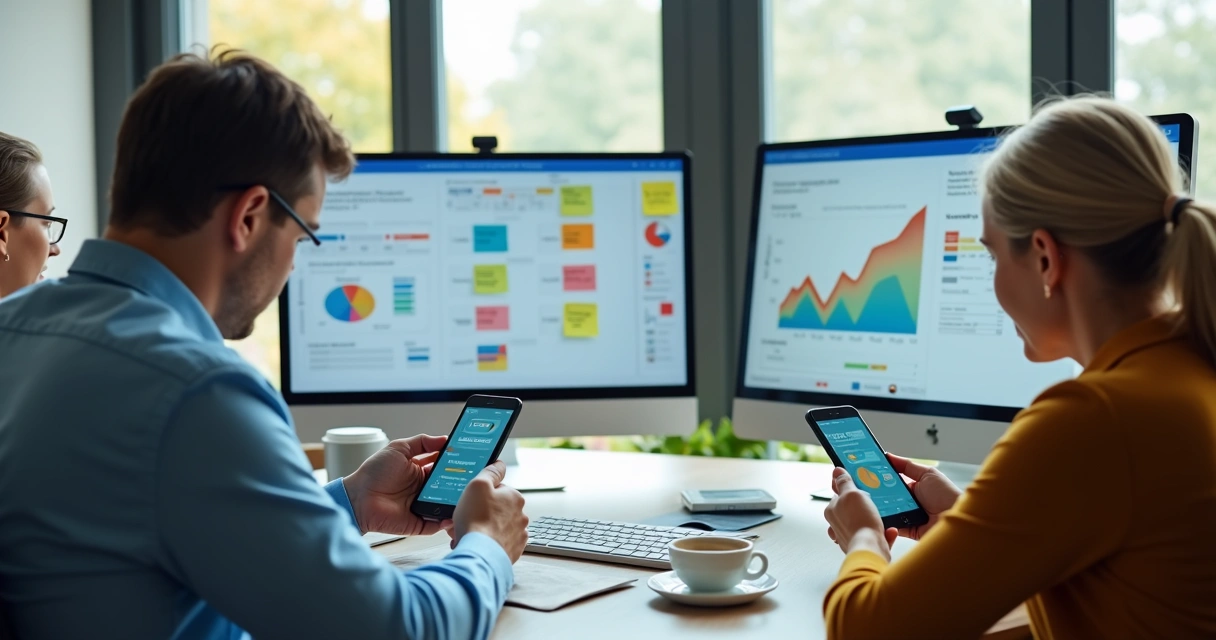 Clientes testando aplicativo em celulares modernos